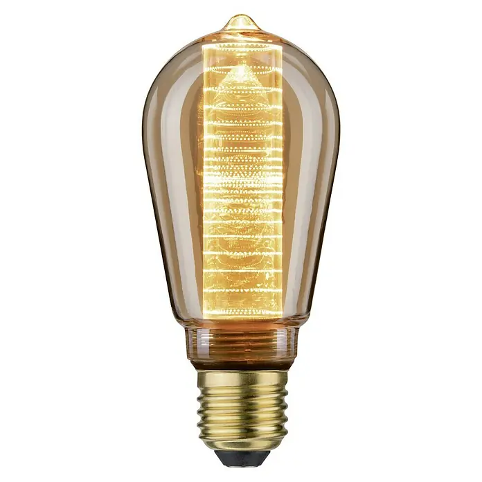 Paulmann LED-Lampe Vintage Glühlampenform Ring E27 - E27, Nicht Dimmbar, Warmweiß, 200 lm, 4 W, Tropfen - Nahaufnahme einer Edison-Glühbirne mit goldenem Sockel und einem einzigartigen Filament-Design, das warmes Licht ausstrahlt.