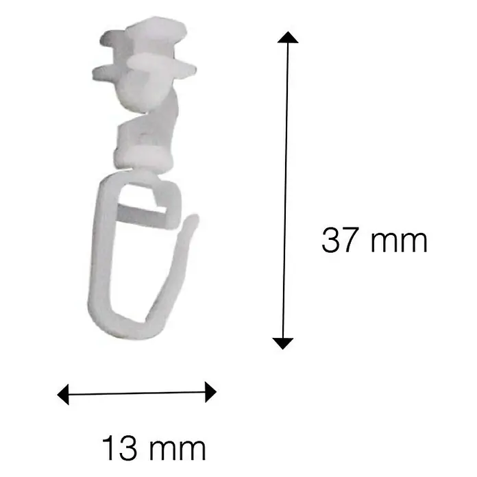 Expo Ambiente Klickgleiter Dreh - Weiß, 20 Stk., Passend für: Garnituren Ø 16 - 28 mm/18 x 18 mm - Bild einer Gardinenrolle aus Kunststoff mit Größenangaben, 37 mm hoch und 13 mm breit.