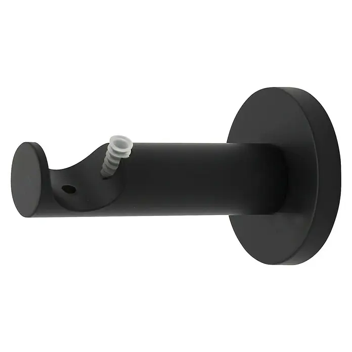 Expo Ambiente Träger Function - Schwarz, Geeignet für: Gardinenstangen Ø 20 mm, 7,8 cm - Nahaufnahme einer schwarzen Gardinenstangenhalterung mit einer Schraube zur Befestigung der Stange.