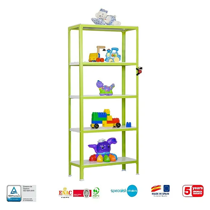 Simonrack Simonhome Estantería metálica Homeclick Color Mini - Al x An x Pr: 180 x 80 x 40 cm, Capacidad de carga por balda: 150 kg, Número de baldas: 5 ud., Inserción, Verde - Estantería con juguetes coloridos, ideal para habitaciones infantiles. Mueble de almacenamiento práctico que combina orden y diversión.