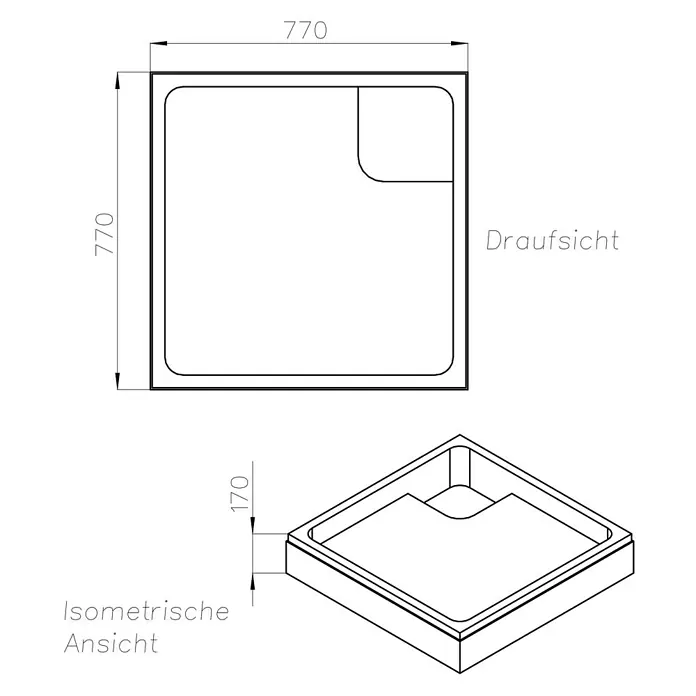 Ottofond Duschwannenträger Manila - L x B: 77 x 77 cm, Expandiertes Polystyrol, Weiß - Bild einer quadratischen Duschwanne (770x770mm) mit 170mm Höhe in Draufsicht und isometrischer Ansicht.