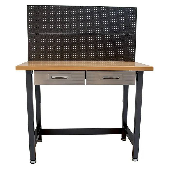 Werkbank mit Lochwand - L x B: 62 x 122 cm, Arbeitshöhe: 156 cm, Belastbarkeit: 195 kg, Anthrazit/Silber - Werkbank mit Holzplatte, Lochwand und zwei Schubladen. Ideal für Werkstattarbeiten und Heimwerkerprojekte.