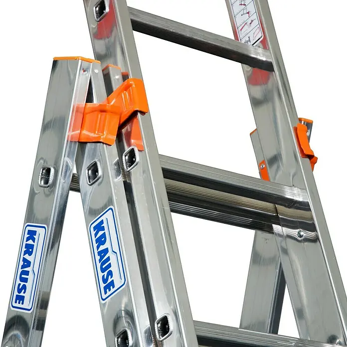 Krause Monto Mehrzweckleiter Tribilo - Arbeitshöhe: 10,9 m, Anzahl Tritte: 42 Stk., Belastbarkeit: 150 kg, Aluminium - Detailansicht einer Krause Leiter, die die robuste Bauweise und das orangefarbene Verriegelungssystem hervorhebt.
