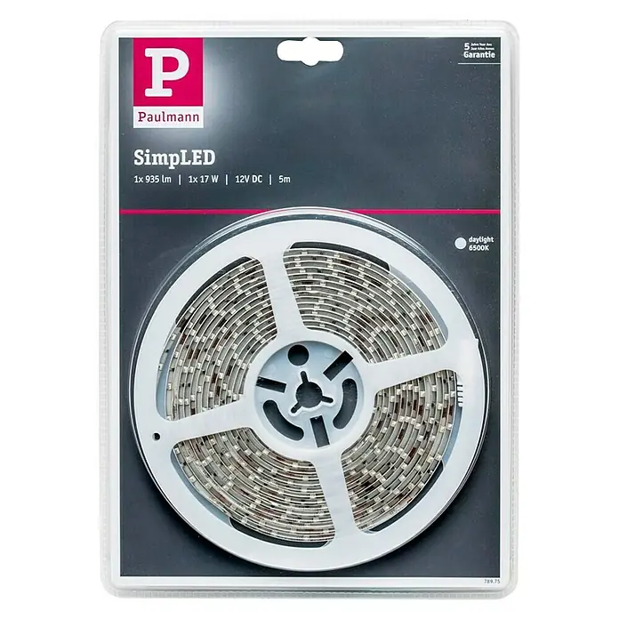 Paulmann LED-Band Strip - Länge: 5 m, Lichtfarbe: Tageslichtweiß, 17 W, 935 lm, 12 V - Produktbild einer Paulmann SimpLED-Lichtleiste, 1x 935 lm, 1x 17 W, 12V DC, 5m, ideal für stimmungsvolle Beleuchtung im Innenbereich.
