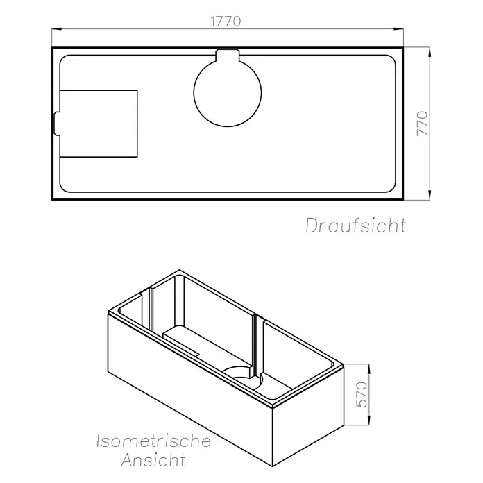 Ottofond Wannenträger Bali - Passend für: Ottofond Badewanne Bali 180 x 80 cm - Draufsicht und isometrische Ansicht einer Badewanne mit den Maßen 1770 x 770 x 570 mm.