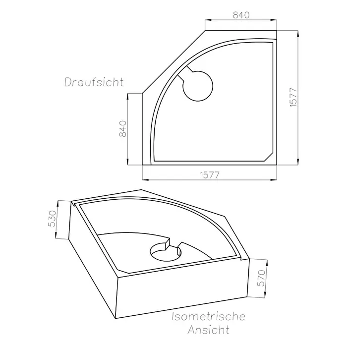 Ottofond Badewannenträger Piräus - Passend für: Ottofond Eckbadewanne Piräus 151 x 151 cm - Draufsicht und isometrische Ansicht einer Eckdusche mit Maßen.