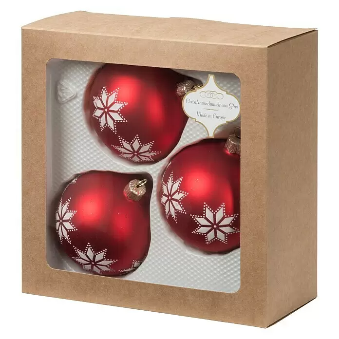 Christbaumkugel - Rot, Glas, Rund, 3 Stk. - Set aus 3 roten Glas-Weihnachtskugeln mit weißen Schneeflockenmustern in einer braunen Fensterbox.