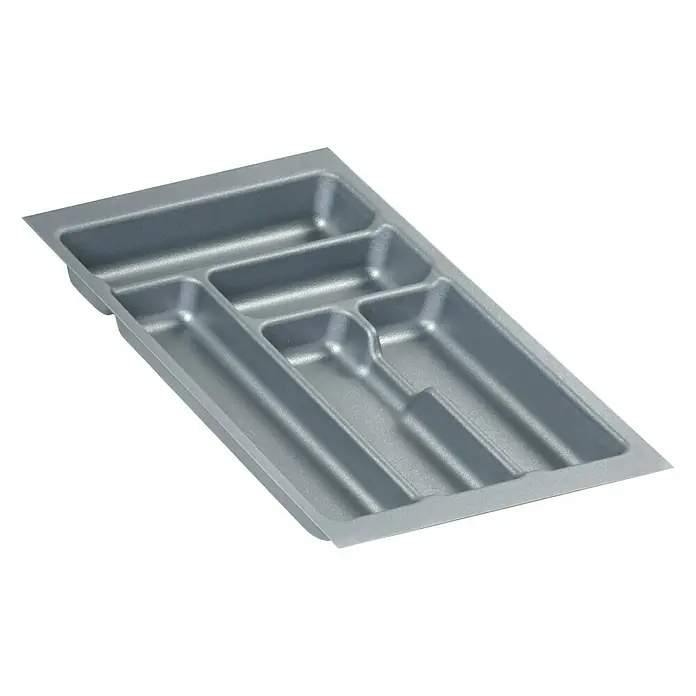Cubertero 400 - L x An x Al: 47,3 x 30,9 x 5,3 cm, Gris - Bandeja para cubiertos de plástico gris con compartimentos de varios tamaños para organizar los utensilios de cocina.