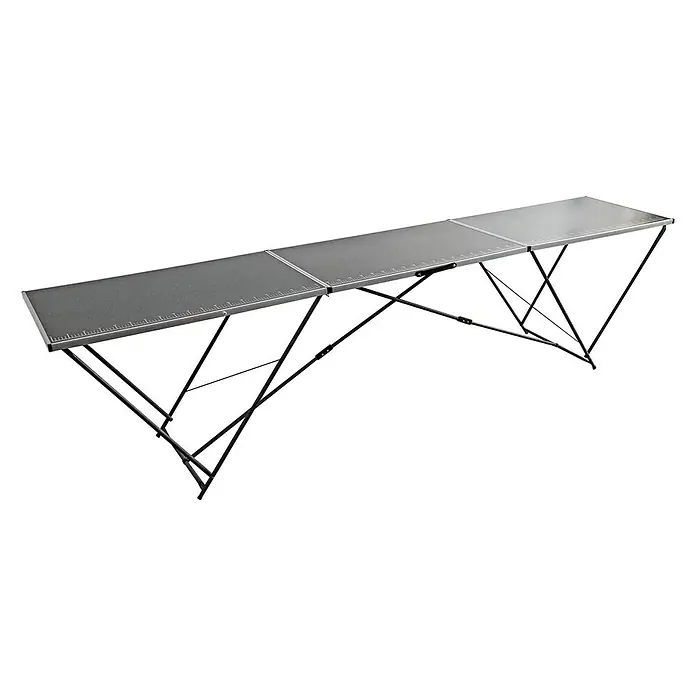 Mesa con caballetes - 297 x 59,5 x 75 cm, Aluminio - Mesa plegable con tres superficies grises y una estructura metálica oscura y de filigrana. Ideal para excursiones de camping o como mesa auxiliar en el jardín.