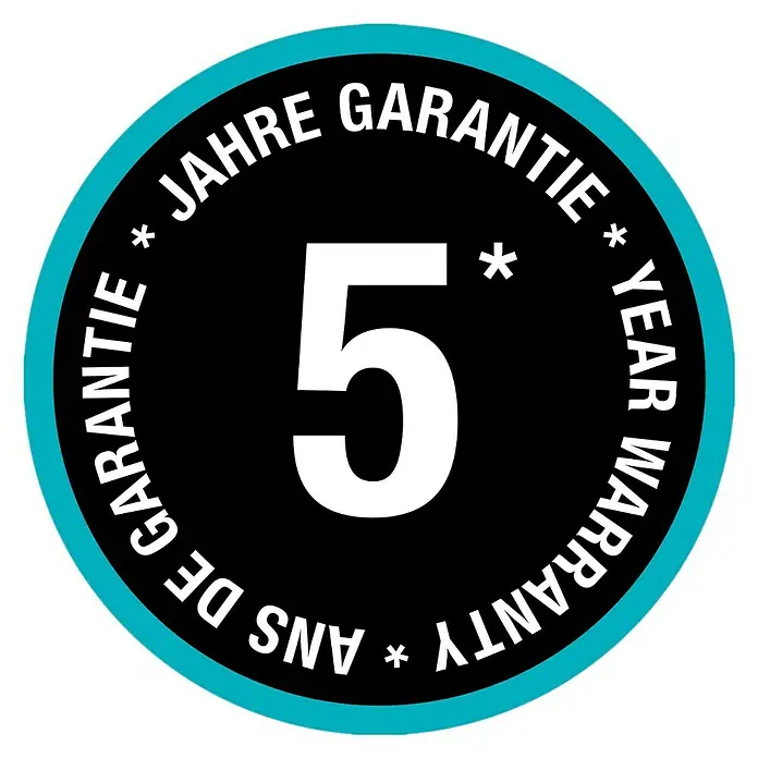 Gardena Viereckregner Aqua M - Max. Regnerfläche: 110 m² - 250 m² - Abbildung eines runden Emblems mit der Aufschrift "5 Jahre Garantie" in Deutsch, Englisch und Französisch.