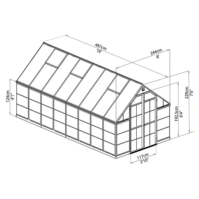 Palram – Canopia Gewächshaus Balance - Außenmaß inkl. Dachüberstand (B x T): 244 x 487 cm, 0,7 mm, Grün - Abbildung eines Gewächshauses mit Maßangaben, die die Größe und Abmessungen des Produkts hervorheben.