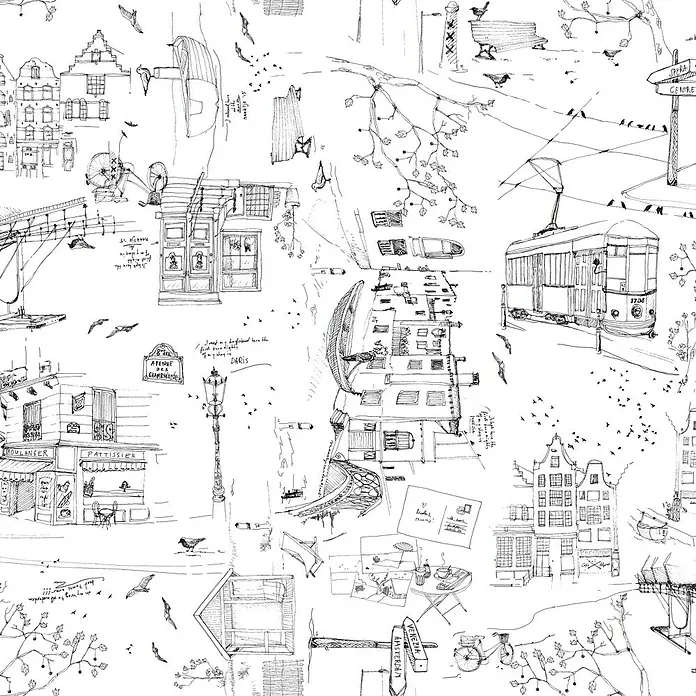 D-c-fix Manhattan Tischdecke Meterware Riva - Breite: 140 cm, Schwarz/Weiß - Eine detailreiche, schwarz-weiße Illustration mit europäischen Stadtansichten, darunter Cafés, Straßenbahnen und Architektur.