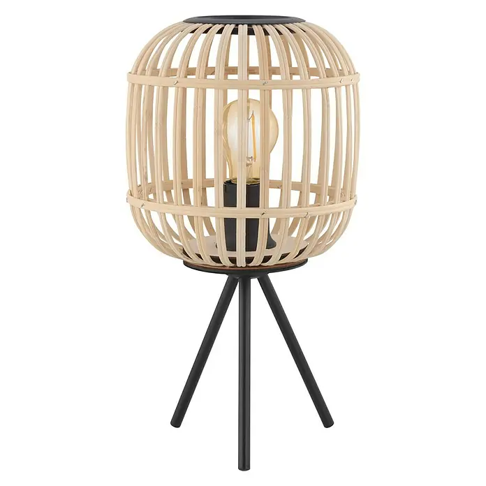 Eglo Bordesley Lámpara de sobremesa - 28 W, Ø x Al: 21 x 40 cm, Marrón claro, E27 - Elegante lámpara de mesa con pantalla de listones de bambú y un moderno soporte trípode negro para una iluminación elegante.