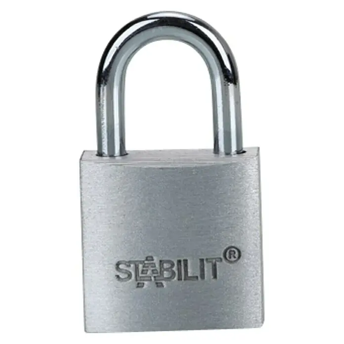 Stabilit Candado A20 - Ancho: 21 mm, Espesor de estribo: 3,5 mm - Imagen de un candado Stabilit plateado con un arco cromado sobre un fondo blanco.