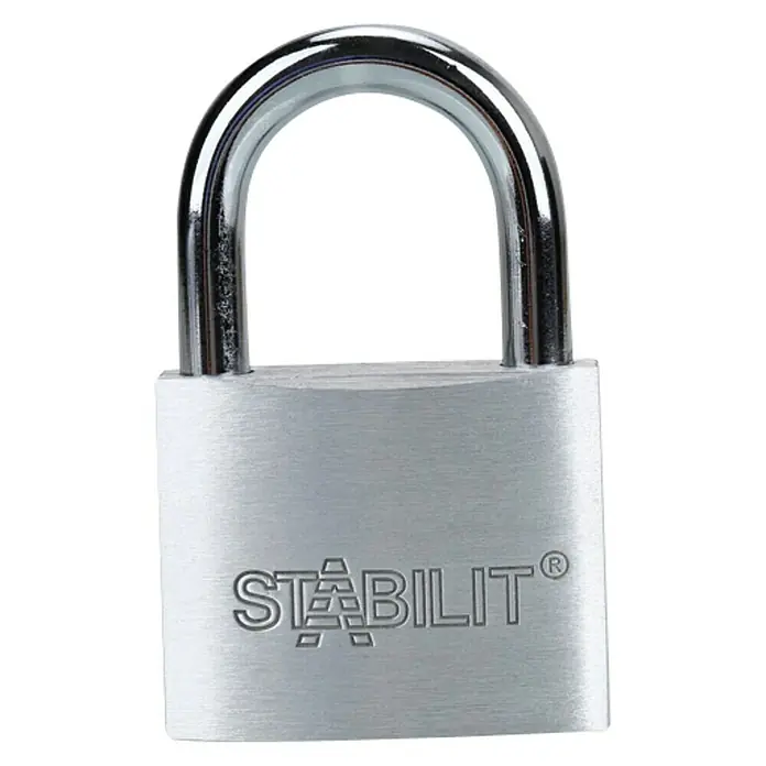 Stabilit Candado A50 - Ancho: 50 mm, Espesor de estribo: 8 mm - En la imagen, un candado Stabilit de color plateado, que proporciona seguridad y protección para diversas aplicaciones.