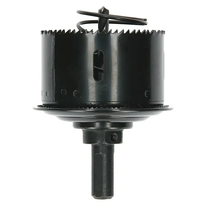 Bosch Lochsäge Hohlraumdosen - Durchmesser: 68 mm, Stahl - Nahaufnahme einer schwarzen Lochsäge mit Bohrer und gezahntem Rand für präzise Bohrungen in verschiedenen Materialien.