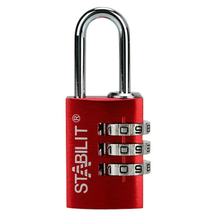 Stabilit Candado con combinación ZA-20 - Ancho: 21 mm, Aluminio, Rojo/Plateado - Un candado rojo Stabilit con tres ruedas numéricas y un grillete plateado.
