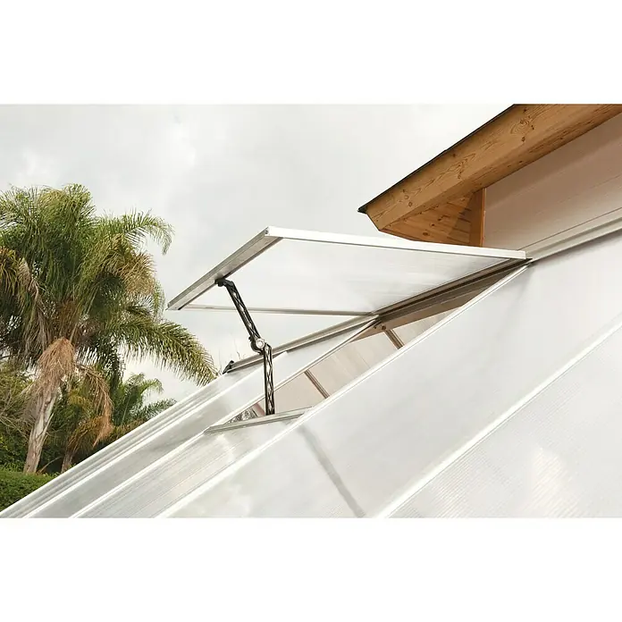 Palram – Canopia Ventana de techo Mythos - Cromo - Esta imagen muestra una ventana de invernadero equipada con un abridor automático. Asegura una ventilación y un control de temperatura óptimos.