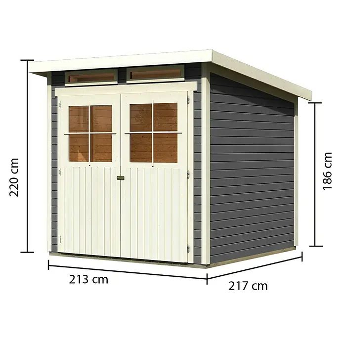 Karibu Gartenhaus Glücksburg - Außenmaß inkl. Dachüberstand (B x T): 242 x 236 cm, Holz, Terragrau, Grundfläche: 4,45 m² - Bild eines Gartenhauses mit Doppeltür und Oberlichtern, Maße sind angegeben.