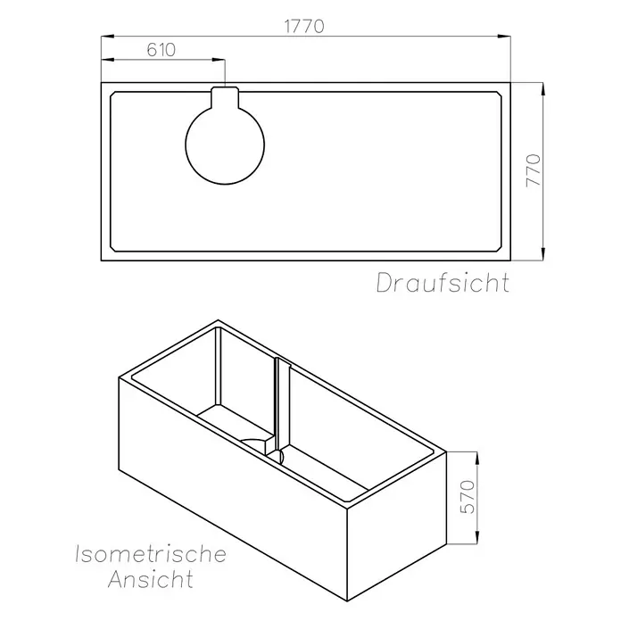 Ottofond Wannenträger Vigo - Passend für: Ottofond Badewanne Vigo 180 x 80 cm - Abbildung einer rechteckigen Badewanne mit den Maßen 1770 x 770 x 570 mm und mittigem Abfluss. Draufsicht und isometrische Ansicht.