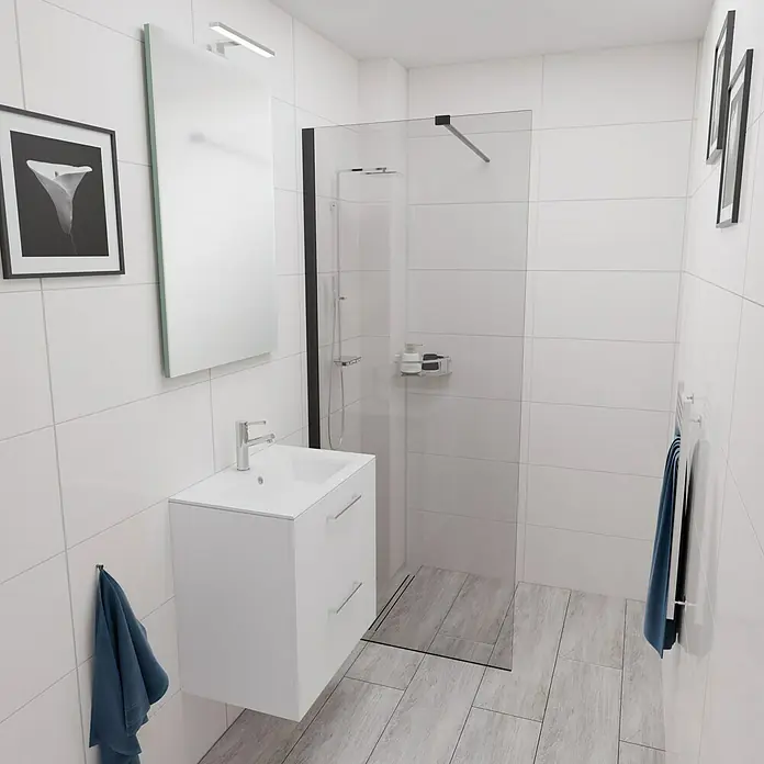 Camargue Espacio Waschtischunterschrank - 60 x 40 x 60 cm, 2 Schubkästen, Mira - Moderne Badezimmeransicht mit weißem Waschtisch, Spiegel und Duschkabine. Elegantes Design und helle Fliesen sorgen für eine freundliche Atmosphäre.