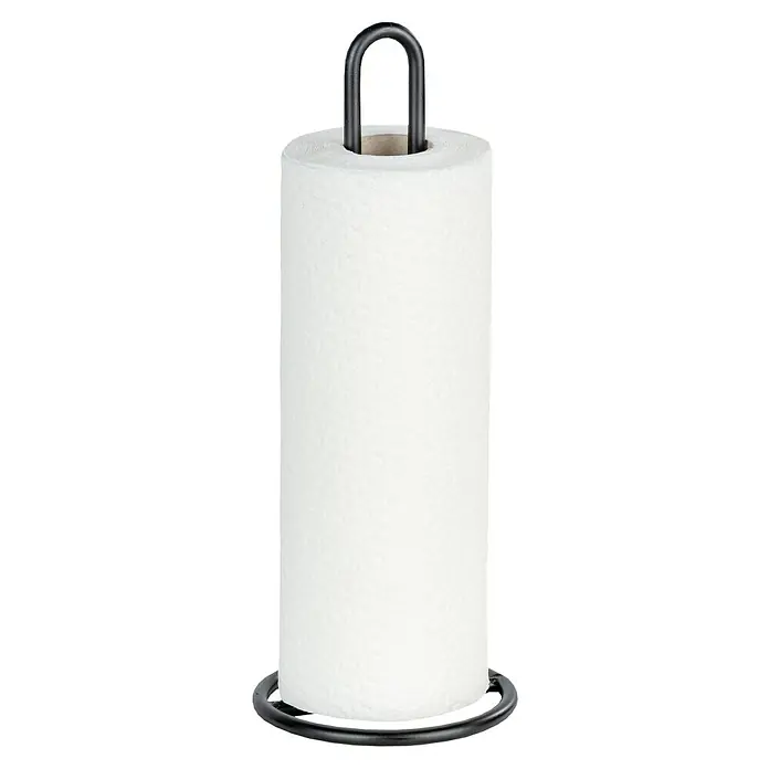 Wenko Papierrollenhalter - Höhe: 32,5 cm, Metall - Ein Küchenrollenhalter aus schwarzem Metall mit einer vollen Papierrolle, ideal für die Arbeitsfläche und zur einfachen Entnahme der Blätter.