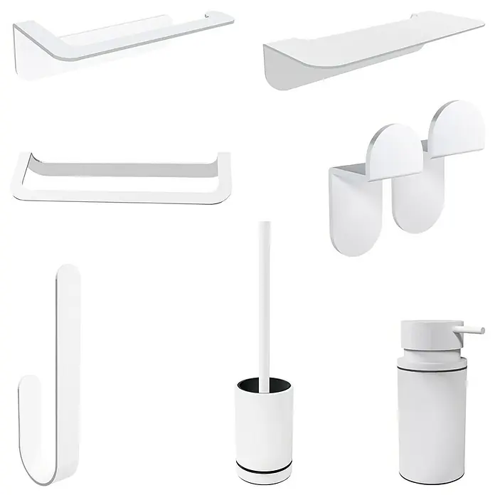 Camargue Antwerpen WC-Bürstengarnitur - Edelstahl, Weiß - Weiße Badaccessoires: Handtuchhalter, Seifenspender, WC-Bürste und Haken für ein stilvolles und modernes Badezimmer.