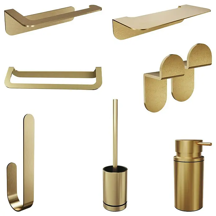 Camargue Antwerpen Ablage - Breite: 25 cm, Gold, Matt - Goldfarbenes Badezimmerset mit Seifenspender, Toilettenbürste, Handtuchhalter und Haken. Stilvolle Accessoires für ein modernes Bad.