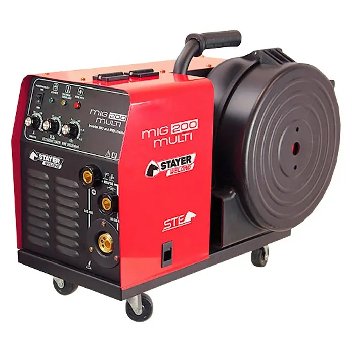 Stayer Soldador MIG/MAG MIG 200 Multi - Corriente de soldadura: 200 A, Diámetro del electrodo de varilla: 1,6 mm - 5 mm, 230 V - La soldadora STAYER MIG 200 MULTI, una herramienta versátil para soldadura MIG, TIG y MMA, ideal para profesionales y aficionados al bricolaje.