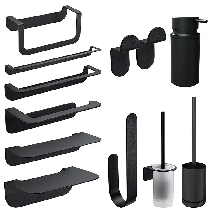 Camargue Antwerpen Ablage - Breite: 25 cm, Schwarz, Matt - Schwarzes Badezimmer-Accessoire-Set mit Handtuchhaltern, Seifenspender und WC-Bürste für ein stilvolles Badezimmer.