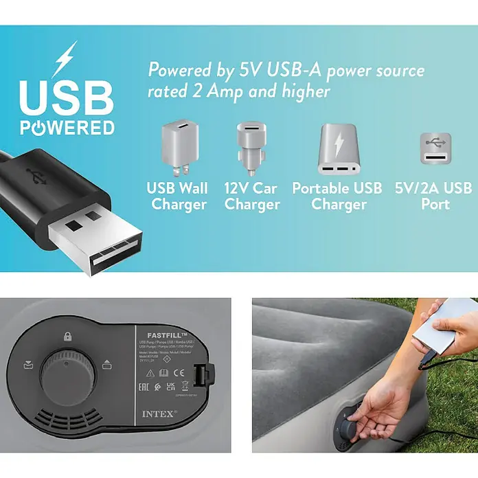 Intex Cama de aire Durabeam Standard - L x An x Al: 203 x 152 x 30 cm, Bomba de aire integrada - Imagen de un producto Intex alimentado por USB, destacando la fuente de alimentación USB-A de 5 V con 2 amperios o superior.