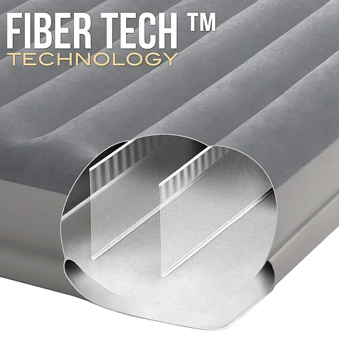 Intex Cama de aire Durabeam Standard - L x An x Al: 203 x 152 x 30 cm, Bomba de aire integrada - Imagen de una cama de aire Intex Fiber-Tech que muestra la estructura interna. La cama es gris y cuenta con una tecnología de fibra específica.