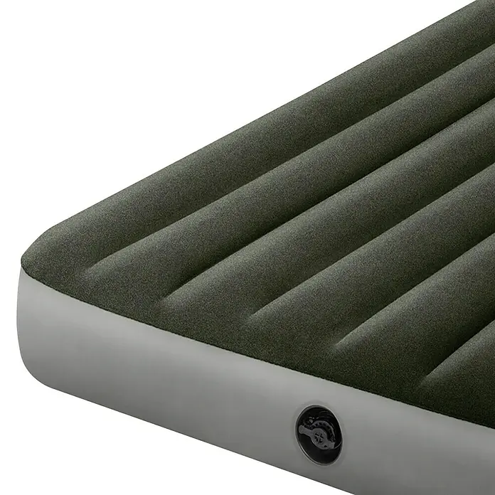 Intex Cama de aire Prestige Downy - L x An x Al: 191 x 137 x 25 cm - Primer plano de un colchón de aire gris con textura acanalada y válvula, ideal para camping o como cama de invitados.