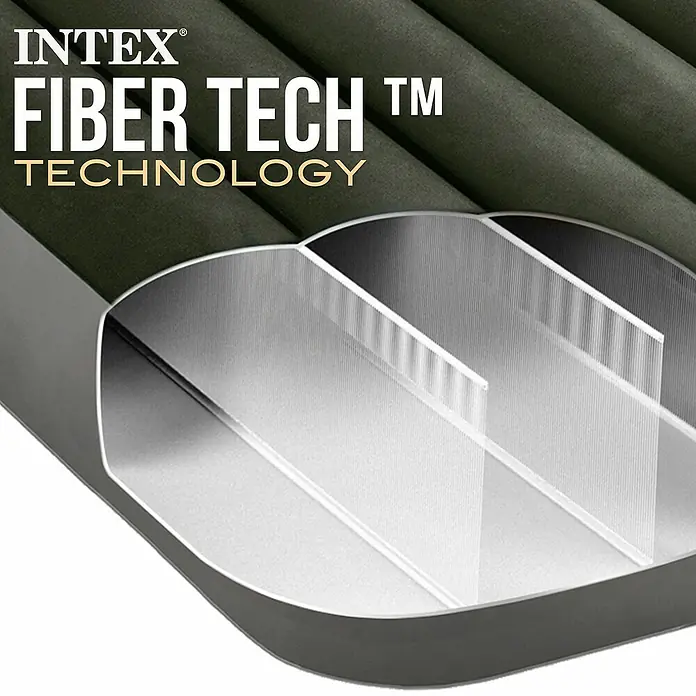 Intex Cama de aire Prestige Downy - L x An x Al: 191 x 137 x 25 cm - Primer plano de un colchón de aire Intex Fiber-Tech que muestra su construcción interna con fibras duraderas para mayor comodidad y soporte.