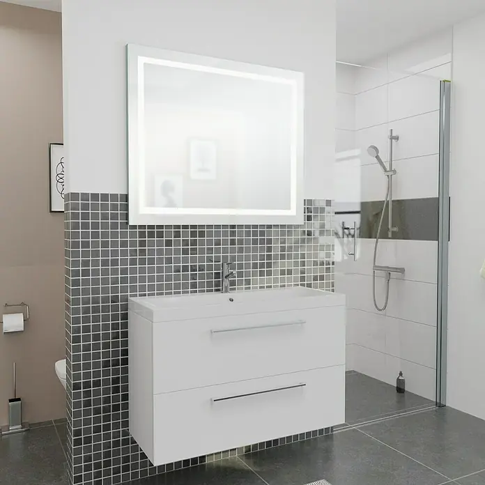Camargue Espacio Badmöbel-Set i31 - 100 cm, Mira - Elegantes Badezimmer-Waschbecken mit zwei Schubladen und beleuchtetem Spiegel für ein modernes Ambiente.