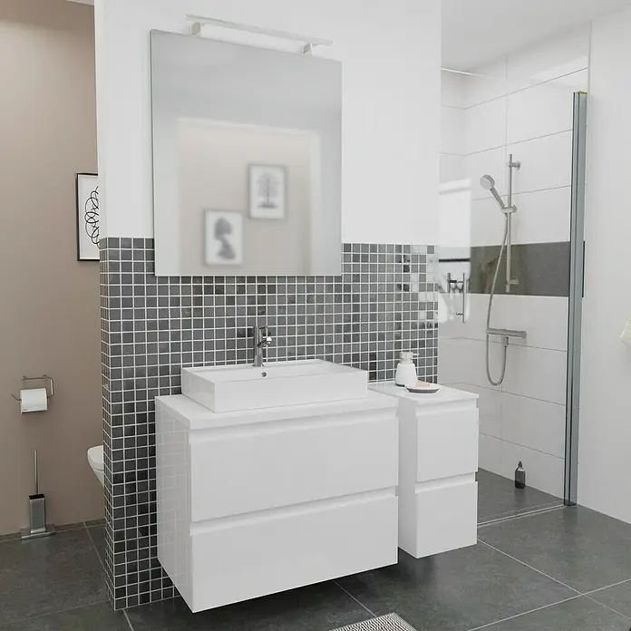 Camargue Espacio Badmöbel-Set J23 - 110 cm, Gama weiß glänzend - Modernes Badezimmer mit weißem Waschbeckenunterschrank und großem Spiegel, stilvoll und funktional für ein zeitgemäßes Ambiente.