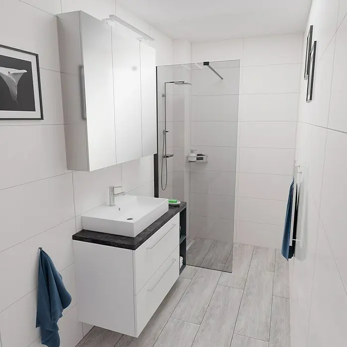 Camargue Espacio Badmöbel-Set i121 - 100 cm, Mira - Ein modernes Badezimmer mit weißem Waschtischunterschrank, einem Aufsatzwaschbecken und einer geräumigen Duschkabine für stilvolles Ambiente.