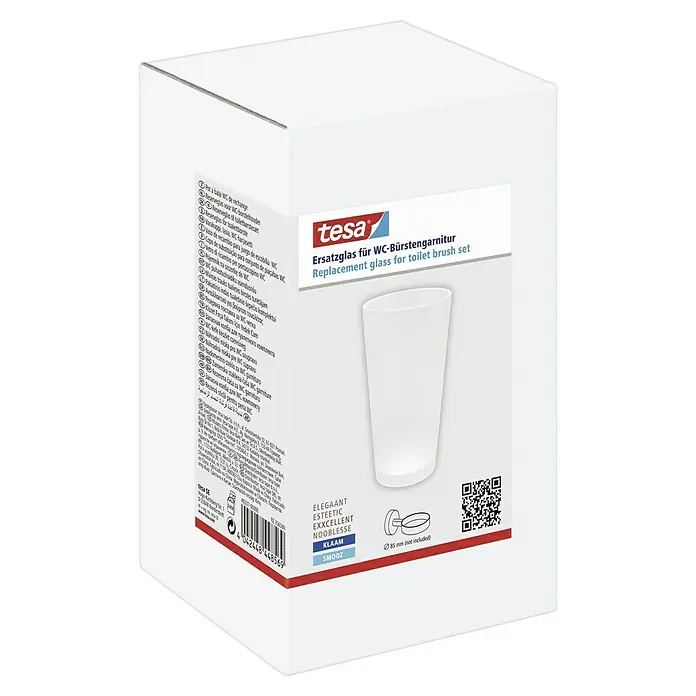 Tesa Bürstenglas - Glas, Matt - Abgebildet ist ein Tesa Ersatzglas für WC-Bürstengarnitur in einer weißen Verpackung, ideal für die Badezimmerausstattung.