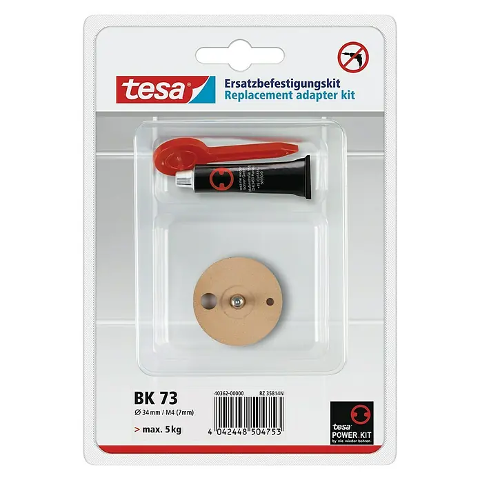 Tesa Befestigungskit BK 73 - Kleben - Tesa Ersatzbefestigungsset BK 73, inklusive Adapter, Kleber und Applikator zur einfachen Montage ohne Bohren, ideal für verschiedene Oberflächen.