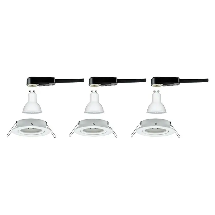 Paulmann LED-Einbauleuchten-Set Nova - 6,5 W, Weiß, 3 Stk., Warmweiß - Drei Leuchten mit schwarzer Schiene. Die Lampen sind weiß und die Einbaurahmen auch. Hochwertige Beleuchtung für Innenräume.