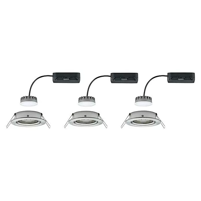 Paulmann Downlight LED empotrable Nova Plus Coin orientables - 6,8 W, Hierro cepillado, Diámetro: 8,4 cm - Tres focos LED empotrables plateados con módulos LED grises y drivers externos negros.