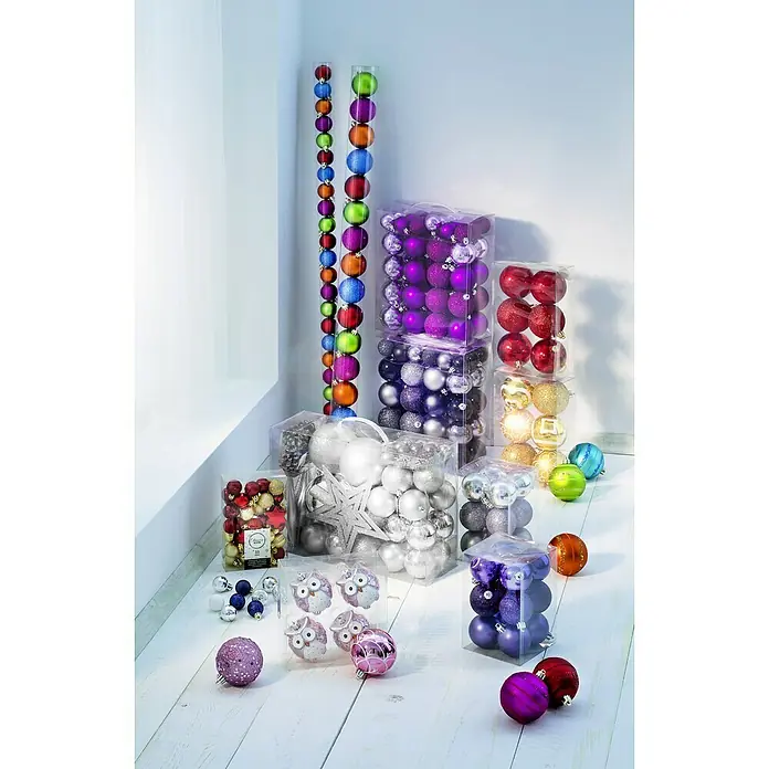 Christbaumkugel-Set - Silber, Kunststoff, 54 Stk. - Festliche Weihnachtskugeln in verschiedenen Farben und Ausführungen, verpackt in transparenten Boxen, für eine stimmungsvolle Dekoration.