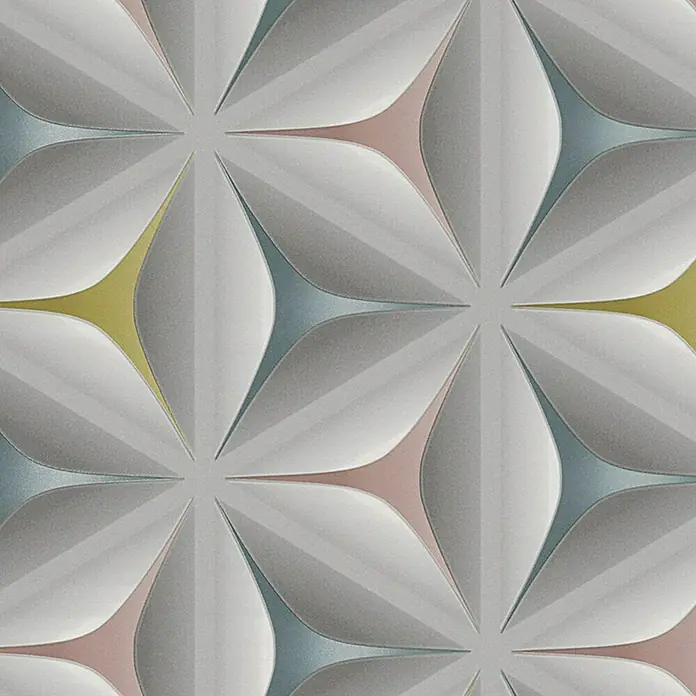 A.S. Création Vliestapete Move Your Wall - Blau/Grau/Rosa, Grafisch, 10,05 x 0,53 m - Nahaufnahme eines Musters aus stilisierten Blütenblättern in Weiß, Gelb, Rosa und Blau, das eine moderne und elegante Ästhetik erzeugt.