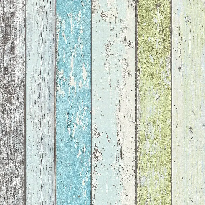 A.S. Création Elements Vliestapete - Blau/Grün, Holzoptik, 10,05 x 0,53 m - Dekorative Holzpaneel-Tapete mit verschiedenen Farben und abgenutzter Optik für einen rustikalen Look.
