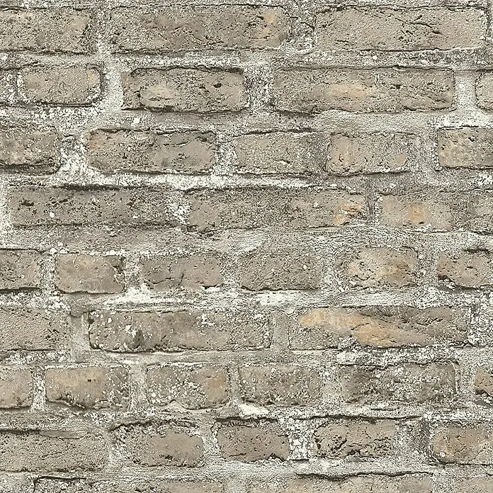 A.S. Création Elements Vliestapete Backsteinmauer - Beige/Grau, Steinoptik, 10,05 x 0,53 m - Eine Nahaufnahme einer Mauer aus grauen Ziegelsteinen mit unebenen Fugen, die eine rustikale Textur erzeugt.