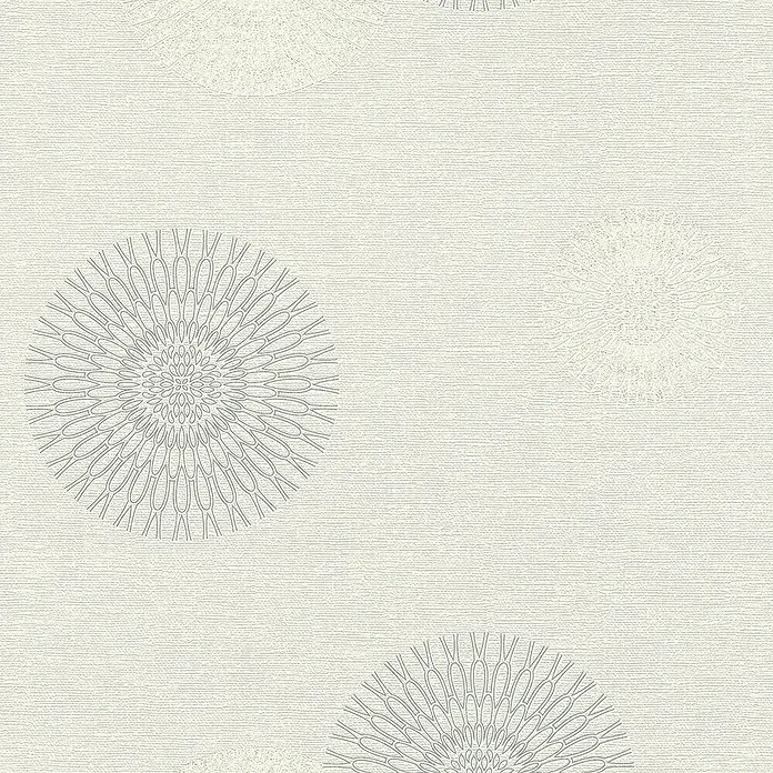 Rasch Tapetenwechsel Vliestapete - Weiß, Grafisch, 10,05 x 0,53 m - Nahaufnahme einer beigen Tapete mit stilisierten, grauen Blumenmustern, die eine elegante und beruhigende Atmosphäre schafft.
