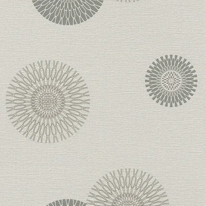 Rasch Tapetenwechsel Vliestapete - Grau, 10,05 x 0,53 m - Ein Muster mit grauen, kreisförmigen floralen Motiven auf einem strukturierten, hellen Hintergrund. Elegante Tapete für moderne Räume.