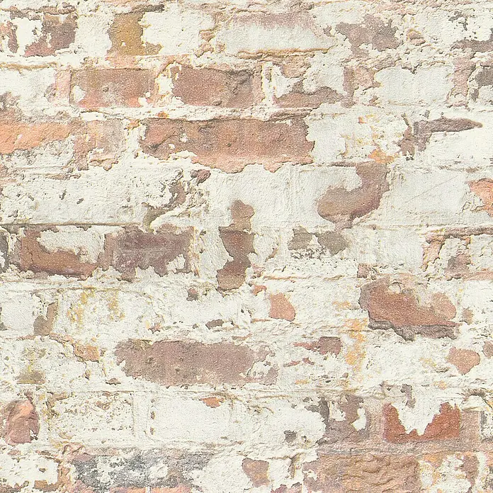 A.S. Création Metropolitan Stories Vliestapete Mauerwerk - Weiß/Rot, Steinoptik, 10,05 x 0,53 m - Eine Nahaufnahme einer Ziegelwand mit abblätternder, weißer Farbe, die eine rustikale und texturierte Oberfläche zeigt.