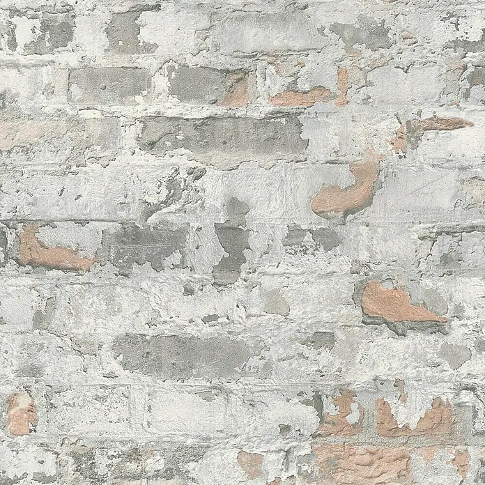 A.S. Création Metropolitan Stories Vliestapete Mauerwerk - Grau/Braun, Steinoptik, 10,05 x 0,53 m - Nahaufnahme einer alten Ziegelwand mit abblätternder weißer Farbe, die eine rustikale und strukturierte Oberfläche zeigt.