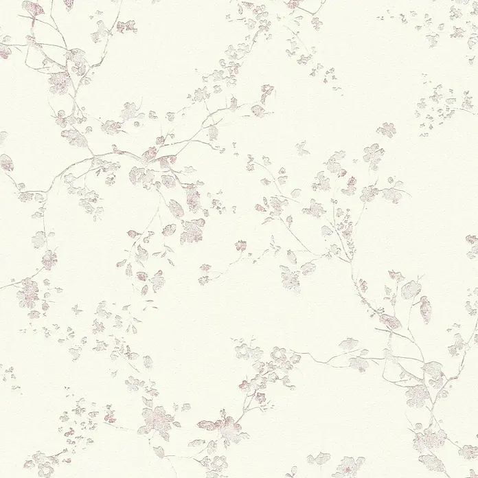 A.S. Création Metropolitan Stories Vliestapete Blümchen - Lilac/Weiß, Floral, 10,05 x 0,53 m - Elegante Tapete mit zarten Blütenzweigen in Rosa und Grau auf cremefarbenem Hintergrund, die eine ruhige und stilvolle Atmosphäre schafft.